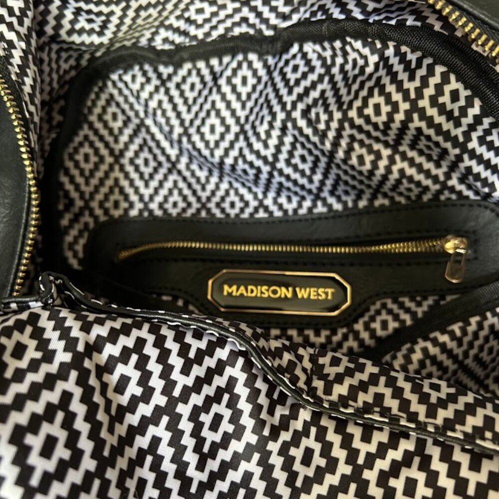 Madison West Black Vegan Leather Backpack W/ Basket Weave Braid - Brass Zippers